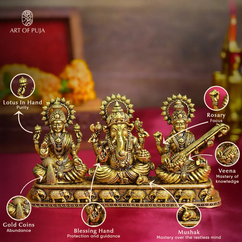 Brass Lakshmi Ganesha Saraswati Idol Set – Divine Trio Statue for Puja, Home Temple 2.5 Inch
