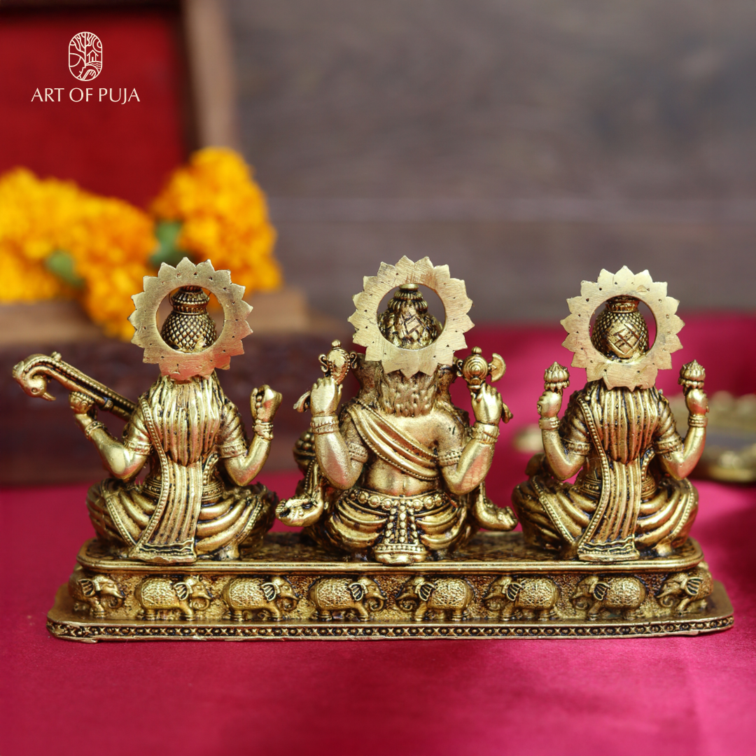 Brass Lakshmi Ganesha Saraswati Idol Set – Divine Trio Statue for Puja, Home Temple, Diwali & Auspicious Gifting