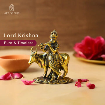 Brass Krishna with Cow Idol | Lord Krishna Murti Playing Flute with Nandi | Spiritual Statue for Puja, Home Temple & Gifting | 3 inch