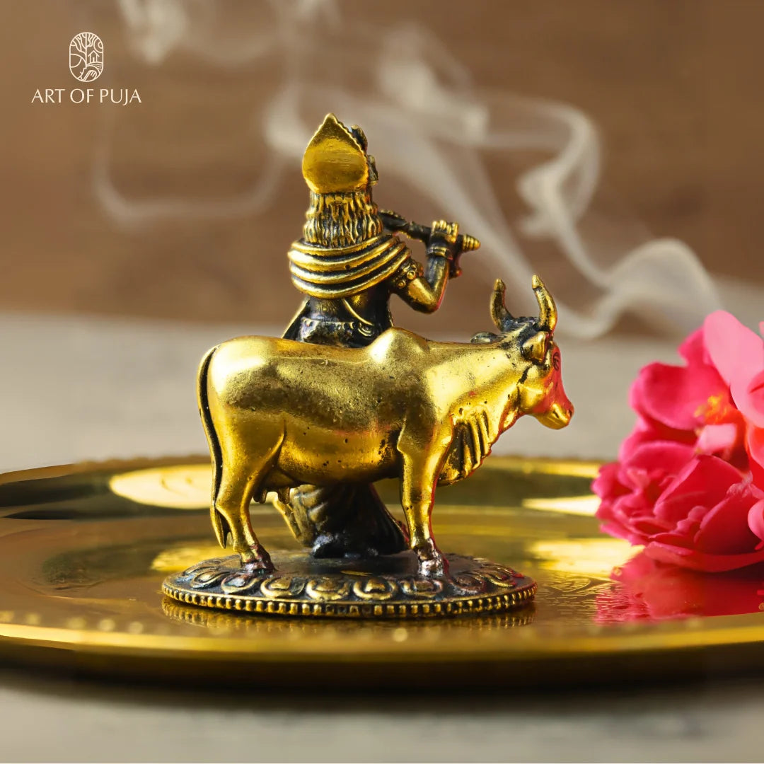 Brass Krishna with Cow Idol | Lord Krishna Murti Playing Flute with Nandi | Spiritual Statue for Puja, Home Temple & Gifting | 3 inch