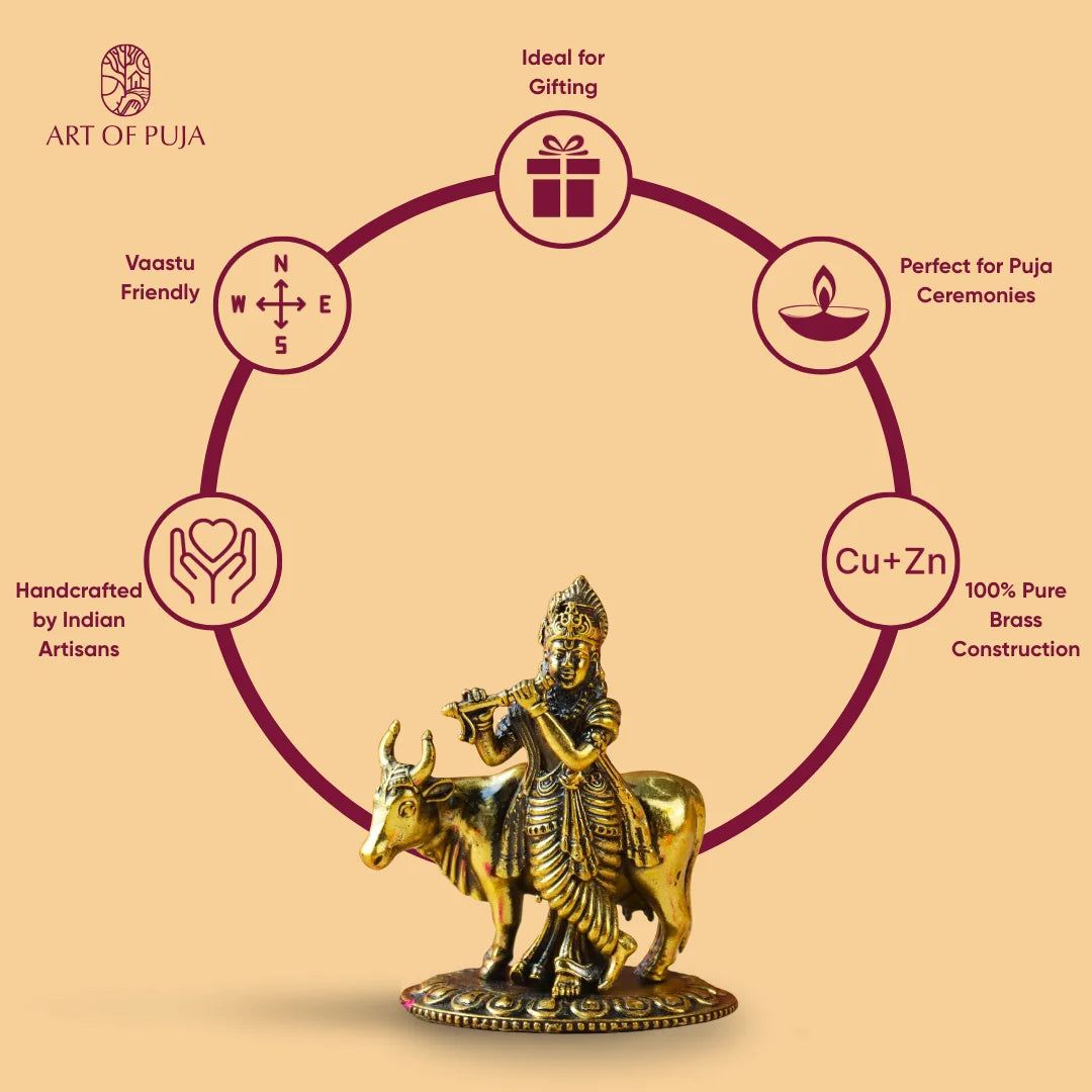 Brass Krishna with Cow Idol | Lord Krishna Murti Playing Flute with Nandi | Spiritual Statue for Puja, Home Temple & Gifting | 3 inch