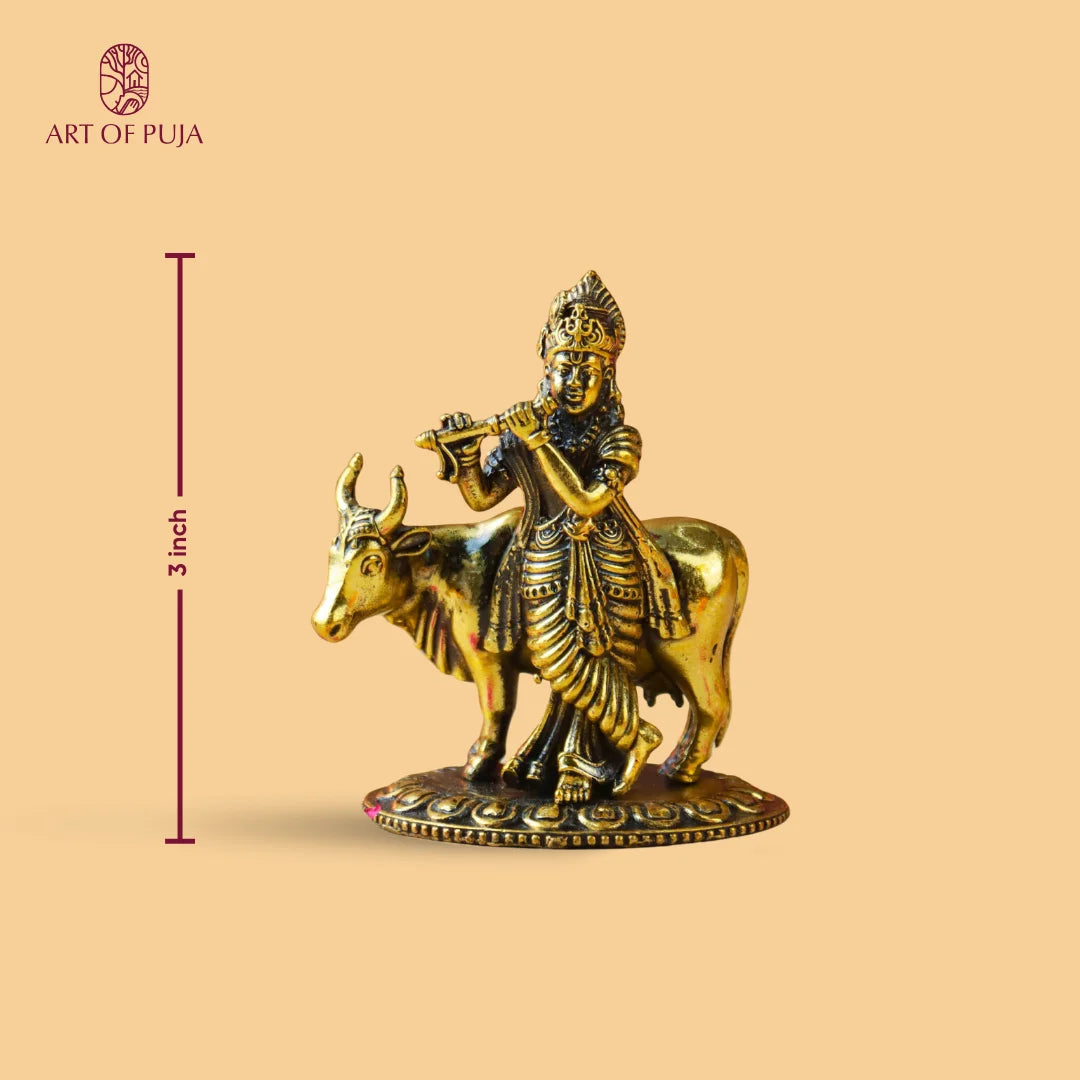 Brass Krishna with Cow Idol | Lord Krishna Murti Playing Flute with Nandi | Spiritual Statue for Puja, Home Temple & Gifting | 3 inch