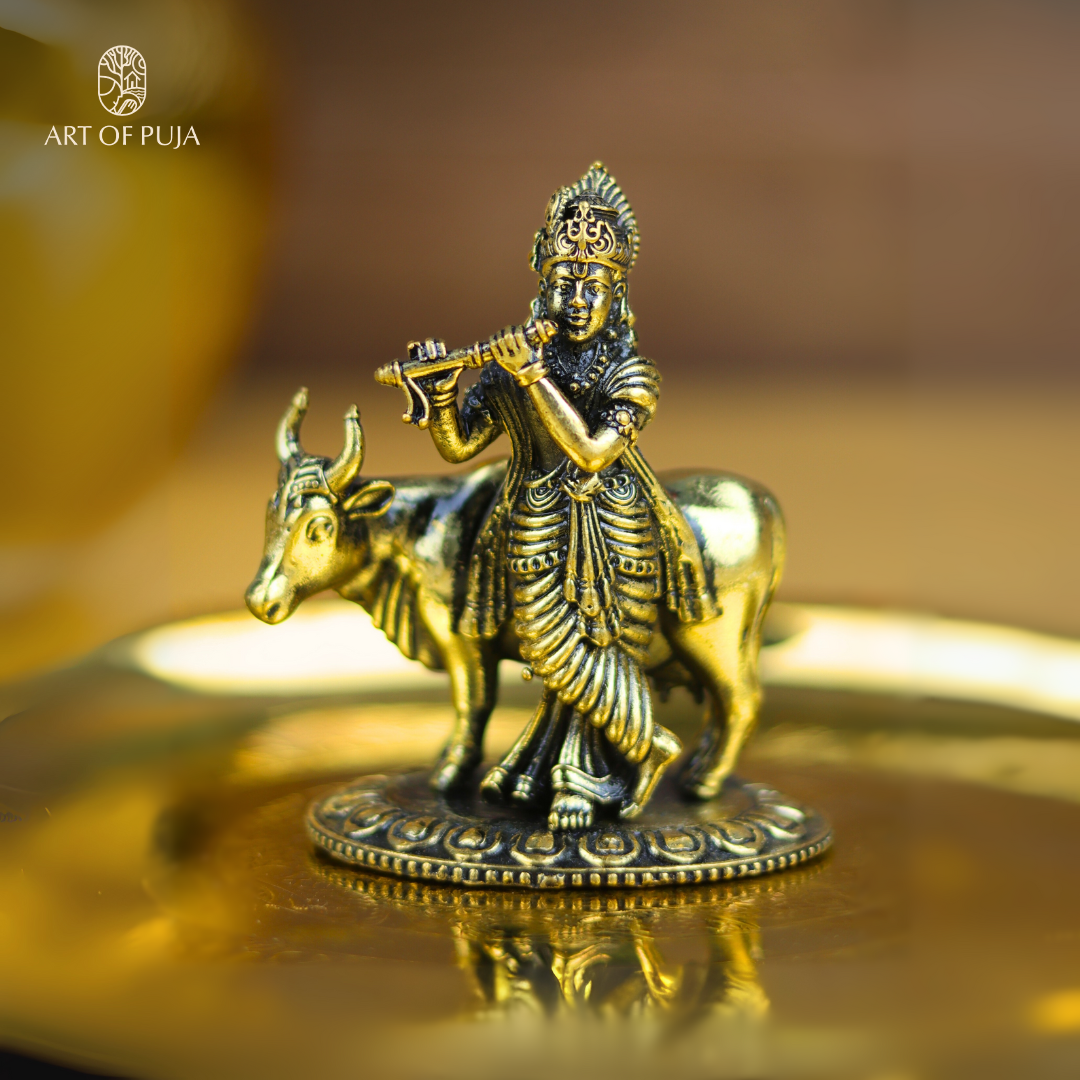 Brass Krishna with Cow Idol | Lord Krishna Murti Playing Flute with Nandi | Spiritual Statue for Puja, Home Temple & Gifting | 3 inch