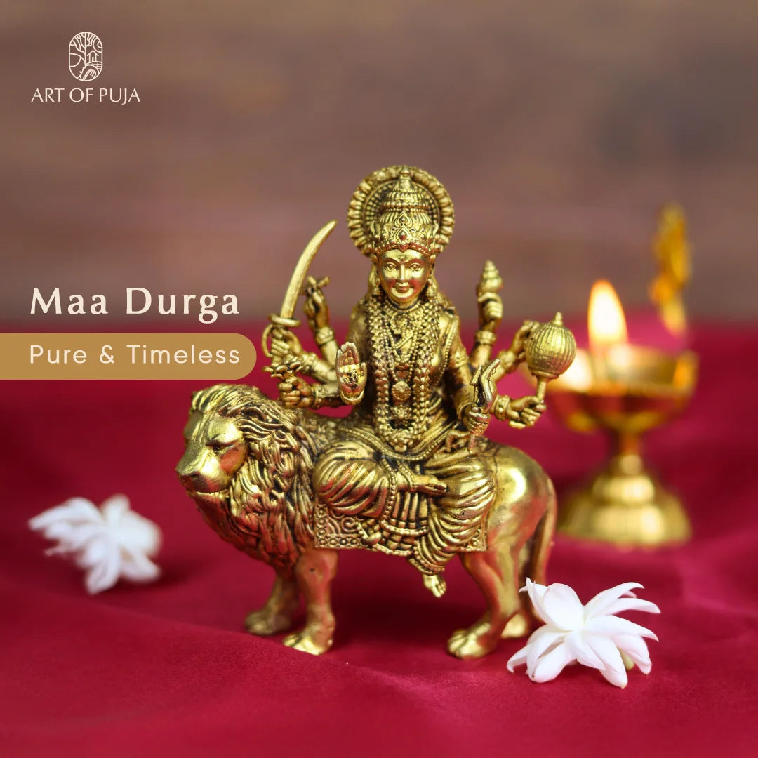 Brass Durga Idol on Lion | Maa Durga Statue for Navratri Puja, Home Temple & Gifting | 3 inches