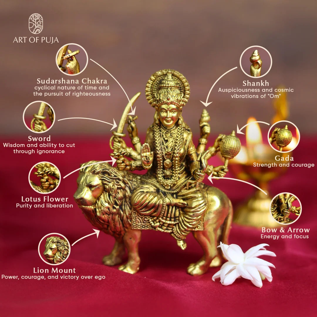 Brass Durga Idol on Lion | Maa Durga Statue for Navratri Puja, Home Temple & Gifting | 4.5 inch