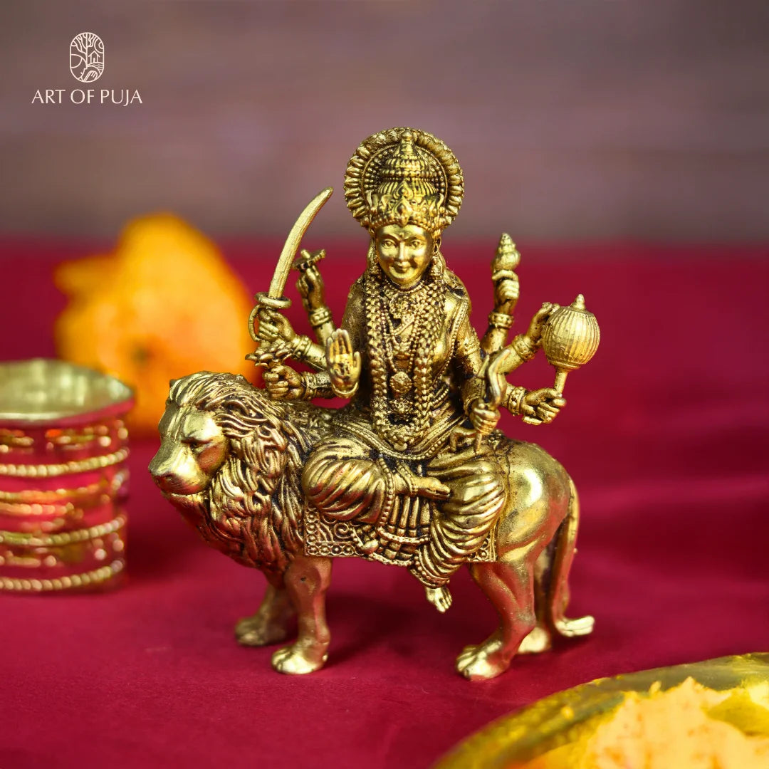 Brass Durga Idol on Lion | Maa Durga Statue for Navratri Puja, Home Temple & Gifting | 3 inches