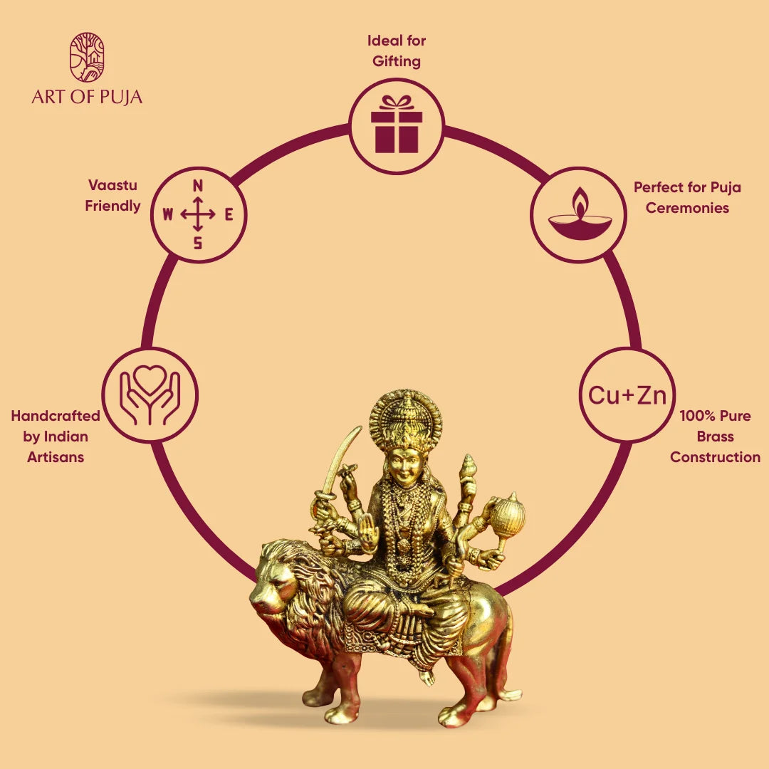 Brass Durga Idol on Lion | Maa Durga Statue for Navratri Puja, Home Temple & Gifting | 3 inches