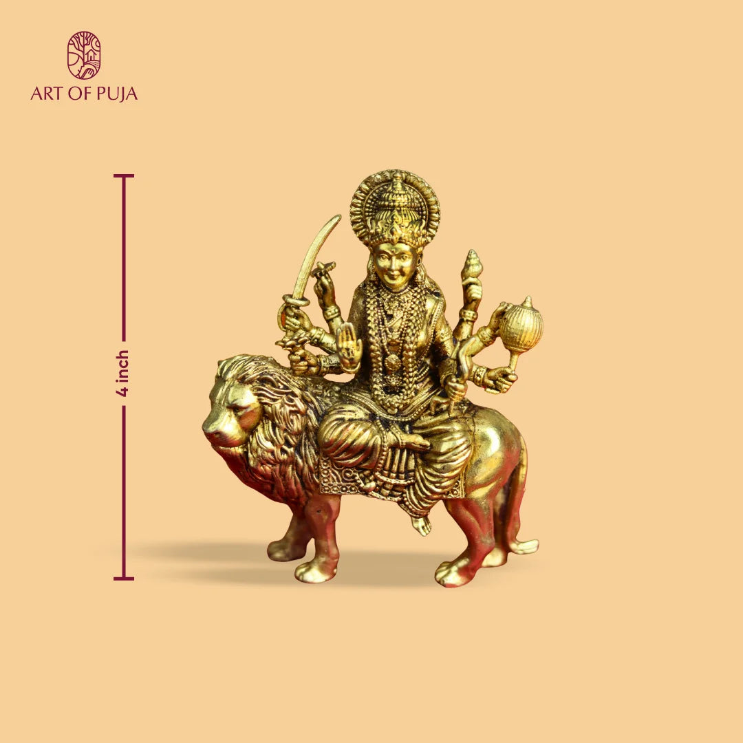 Brass Durga Idol on Lion | Maa Durga Statue for Navratri Puja, Home Temple & Gifting | 4 inches