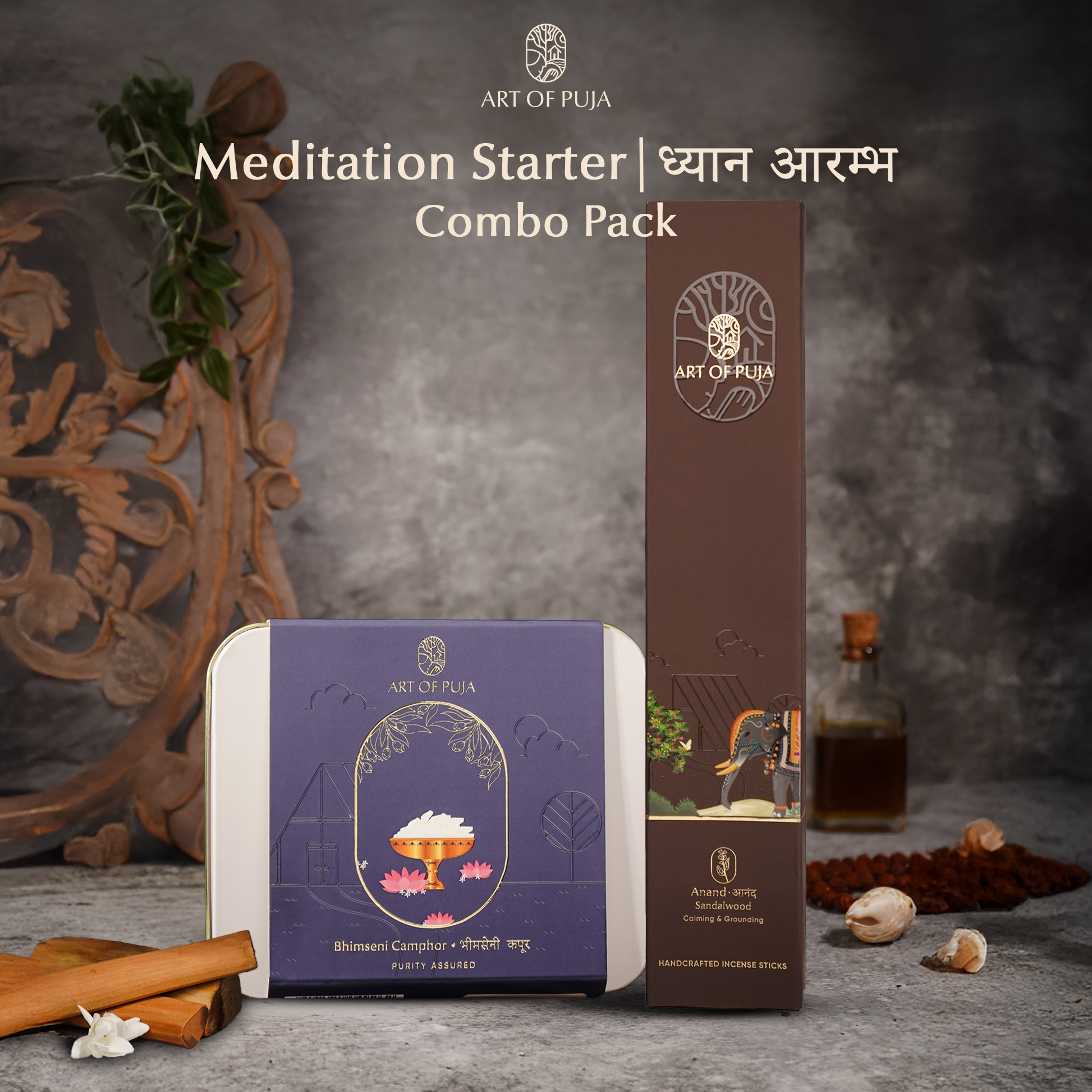 Meditation Starter Combo Pack – Begin Your Spiritual Journey with Sandalwood & Camphor | Calm, Purify & Awaken