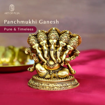 Brass Panchmukhi Ganesha Idol | Five-Faced Ganpati Statue for Puja, Home Temple, Vastu & Prosperity | 4 inch