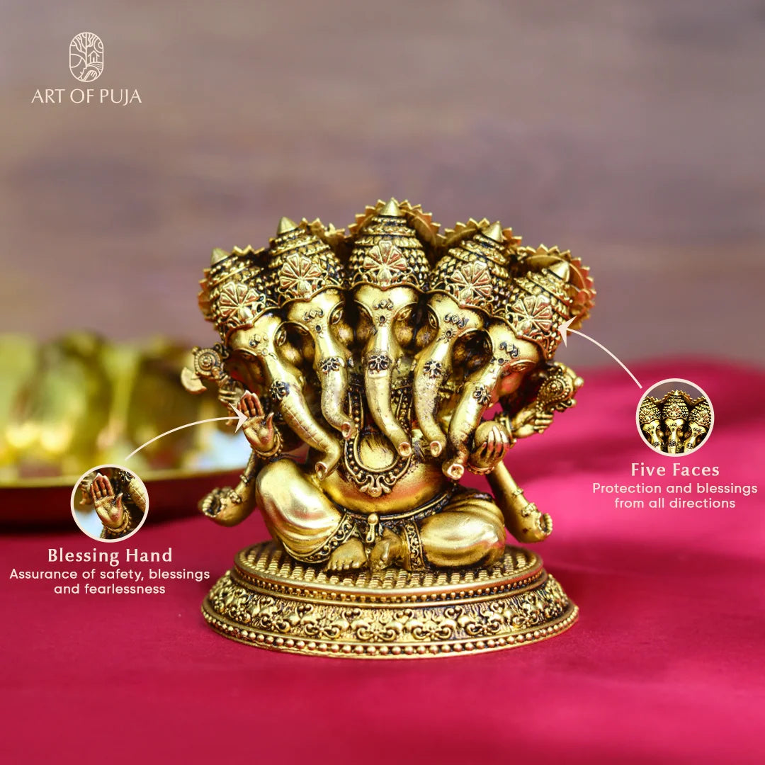 Brass Panchmukhi Ganesha Idol | Five-Faced Ganpati Statue for Puja, Home Temple, Vastu & Prosperity | 4 inch