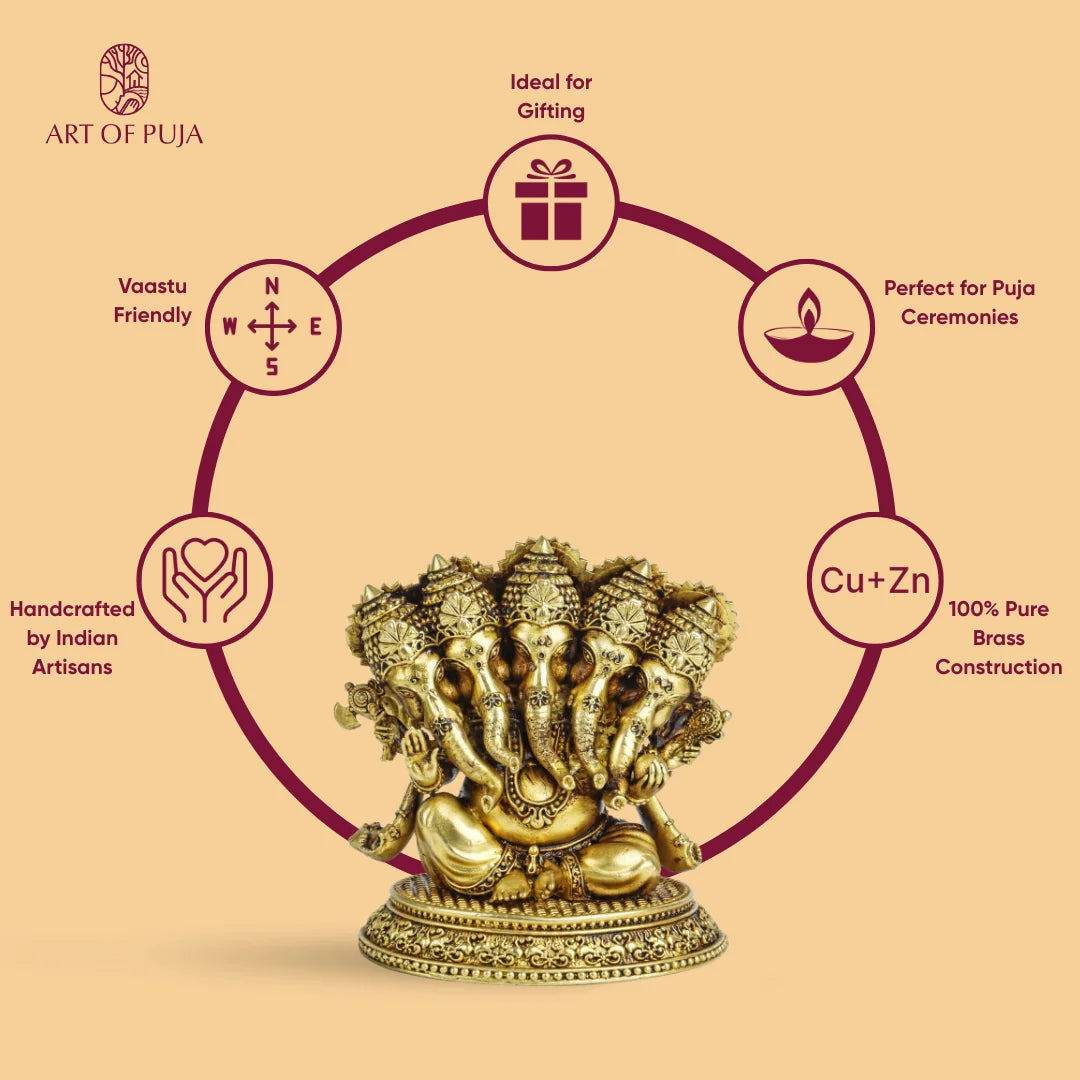 Brass Panchmukhi Ganesha Idol | Five-Faced Ganpati Statue for Puja, Home Temple, Vastu & Prosperity | 4 inch