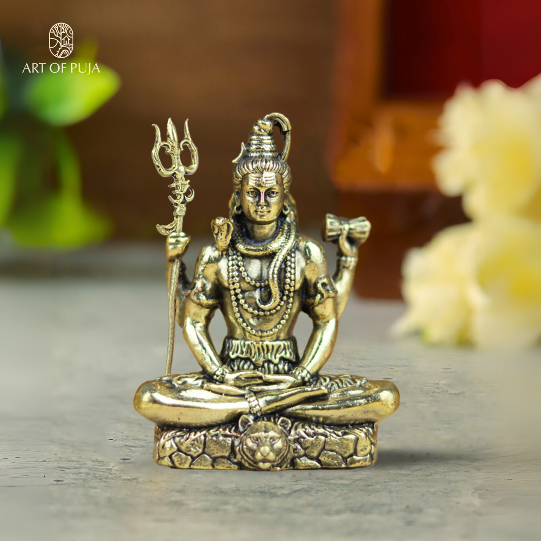 Brass Shiva Idol – Lord Shiva in Meditation with Trishul & Damru (2 Inch)