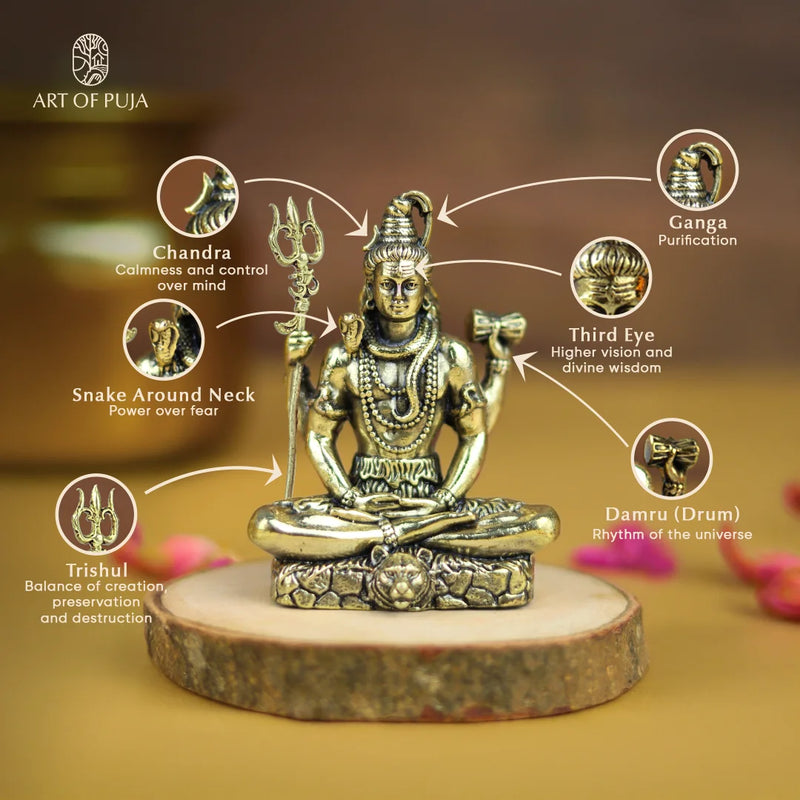 Brass Shiva Idol 4inch | Lord Shiva in Meditation with Trishul & Damru