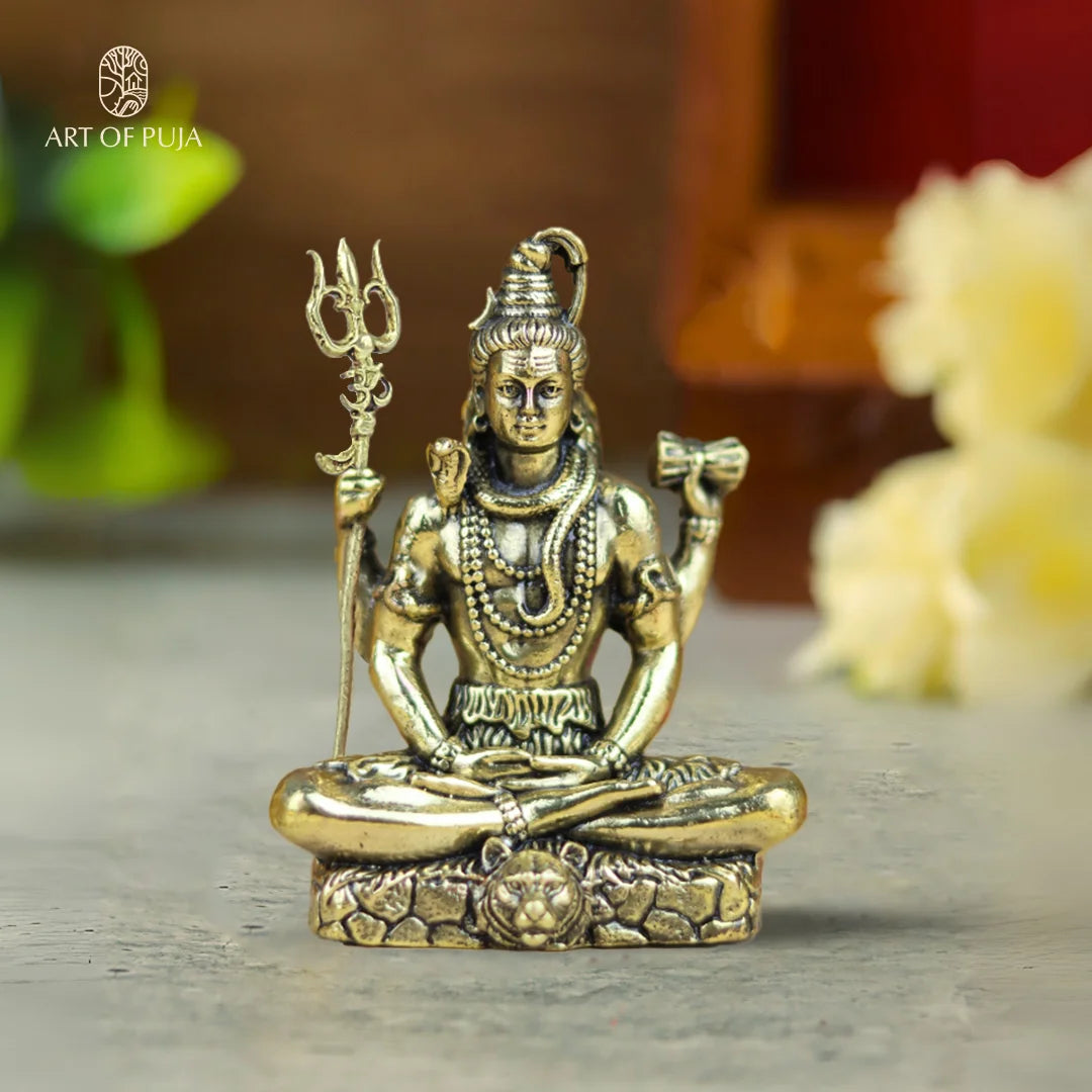 Brass Shiva Idol – Lord Shiva in Meditation with Trishul & Damru| 4inch