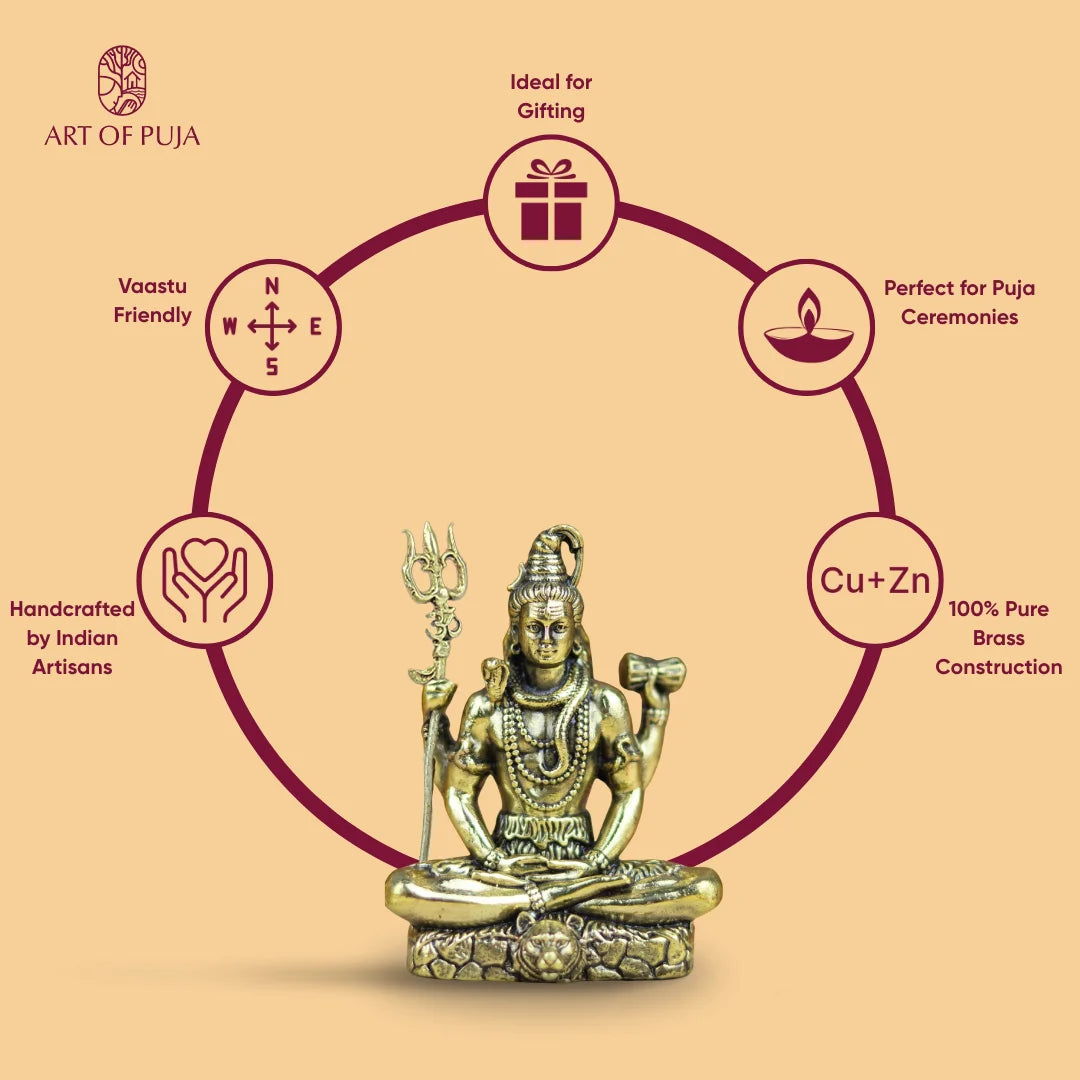 Brass Shiva Idol – Lord Shiva in Meditation with Trishul & Damru| 4inch