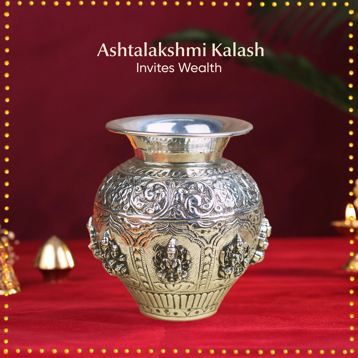 Ashtalakshmi Kalash – 100% Pure Silver Finish | Handcrafted Puja Kalash (5.6 Inch)