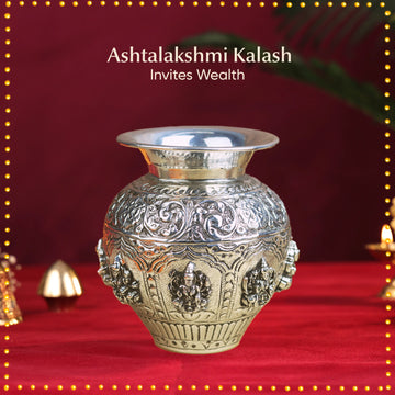 Ashtalakshmi Kalash – 100% Pure Silver Finish | Handcrafted Puja Kalash (5.6 Inch)